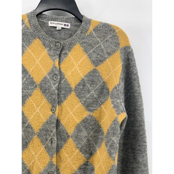 UNIQLO Ines De La Fressange Women's Gray-Yellow Argyle Button-Up Cardigan SZ S - Picture 5 of 11